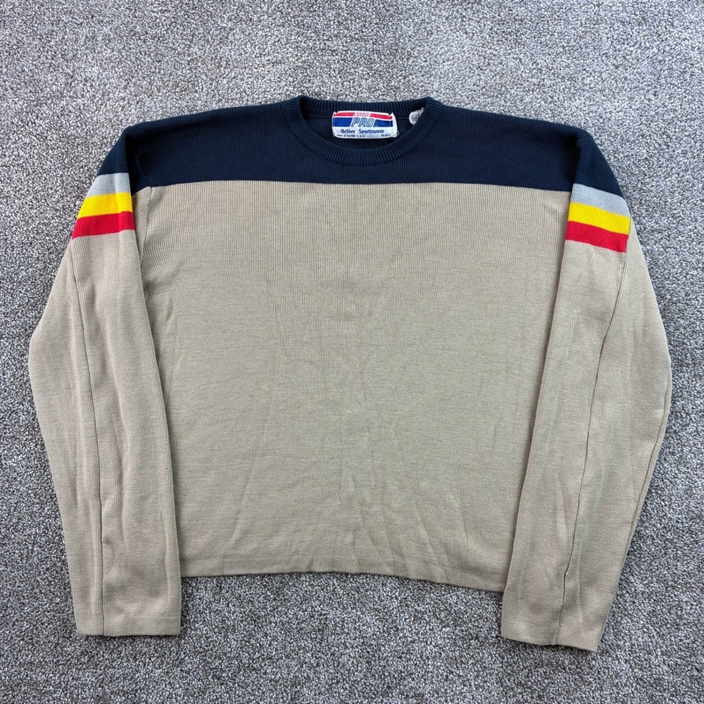 Vintage 70s Sweater Mens Large Tan Acrylic Striped Sleeves Crewneck Rainbow